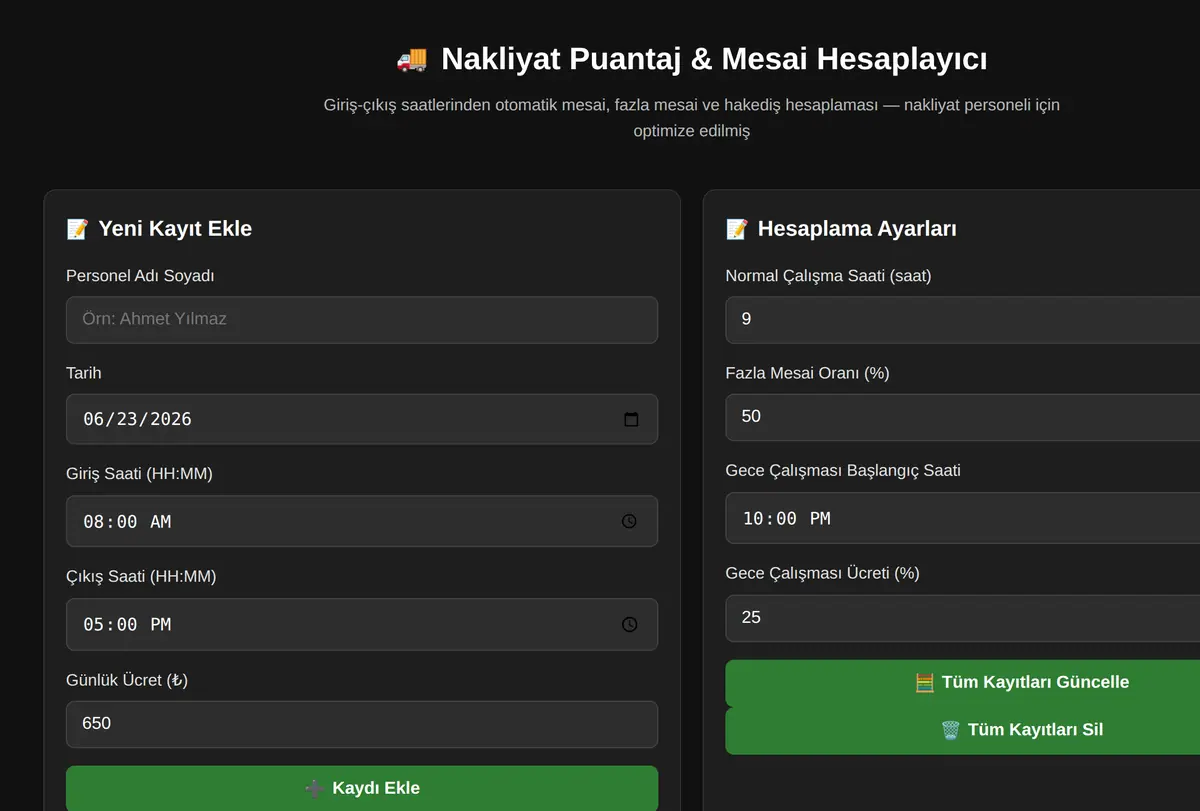 Nakliyat Puantaj & Mesai Hesaplayıcı ekran görüntüsü