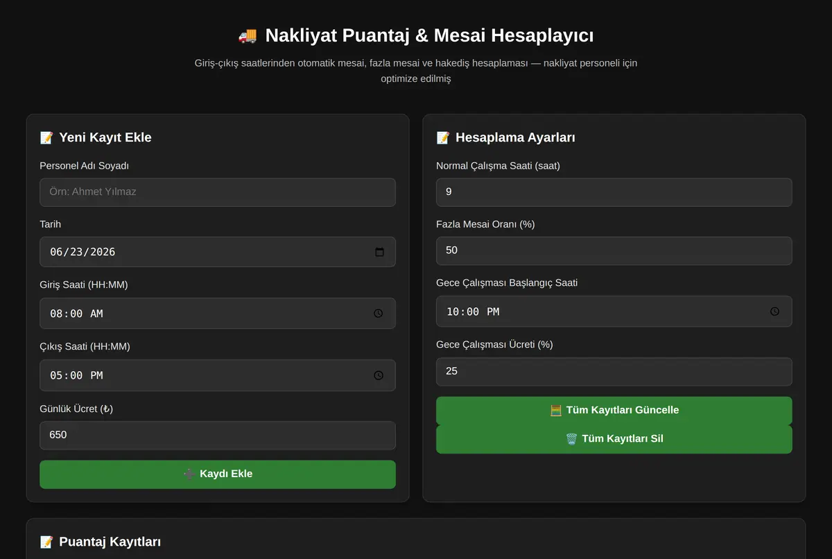 Nakliyat Puantaj & Mesai Hesaplayıcı ekran görüntüsü 2
