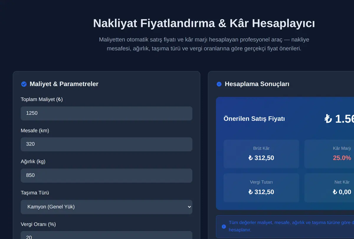 Nakliyat Fiyatlandırma & Kâr Hesaplayıcı ekran görüntüsü
