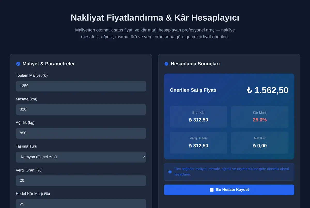 Nakliyat Fiyatlandırma & Kâr Hesaplayıcı ekran görüntüsü 2