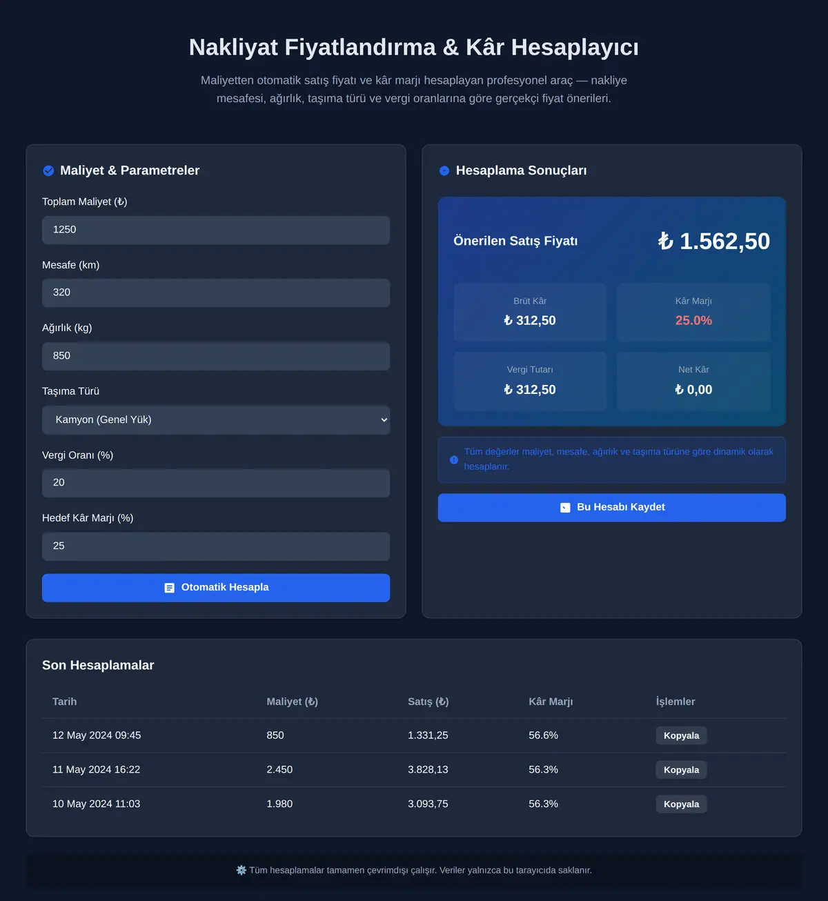 Nakliyat Fiyatlandırma & Kâr Hesaplayıcı ekran görüntüsü 3