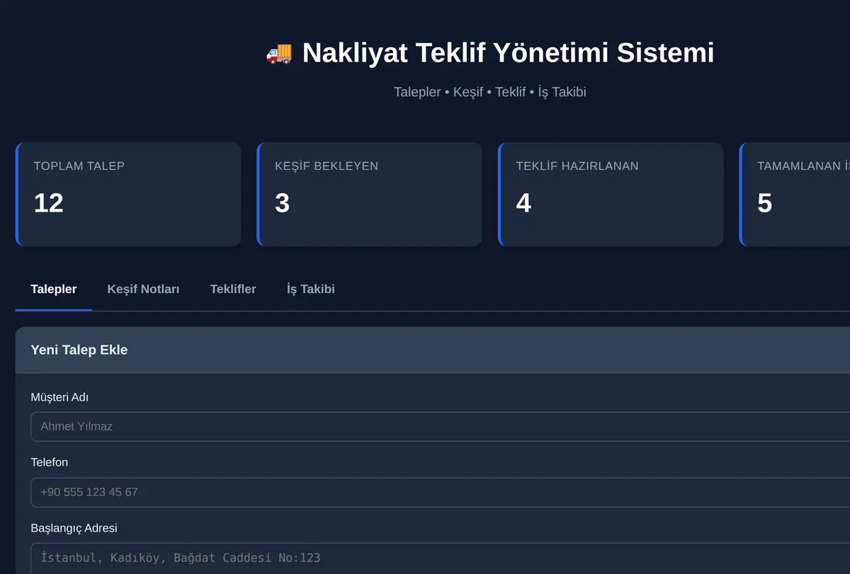 Nakliyat Teklif Yönetimi Sistemi ekran görüntüsü