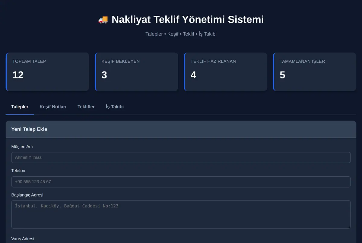 Nakliyat Teklif Yönetimi Sistemi ekran görüntüsü 2