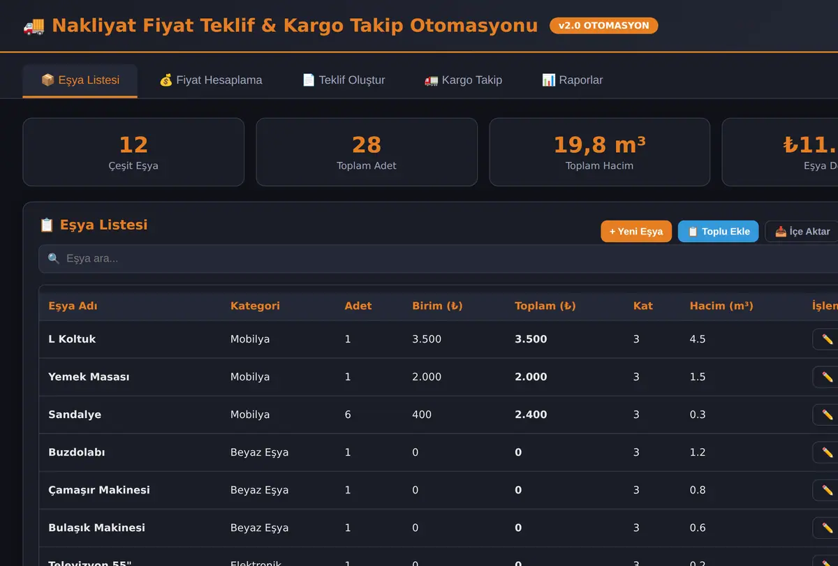 Nakliyat Fiyat Teklif & Kargo Takip Otomasyonu ekran görüntüsü