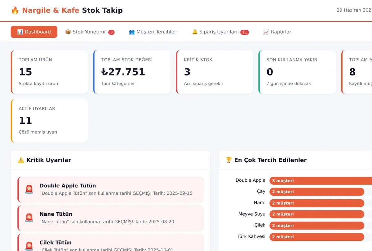 Nargile & Kafe Stok ve Sipariş Takip Aracı ekran görüntüsü