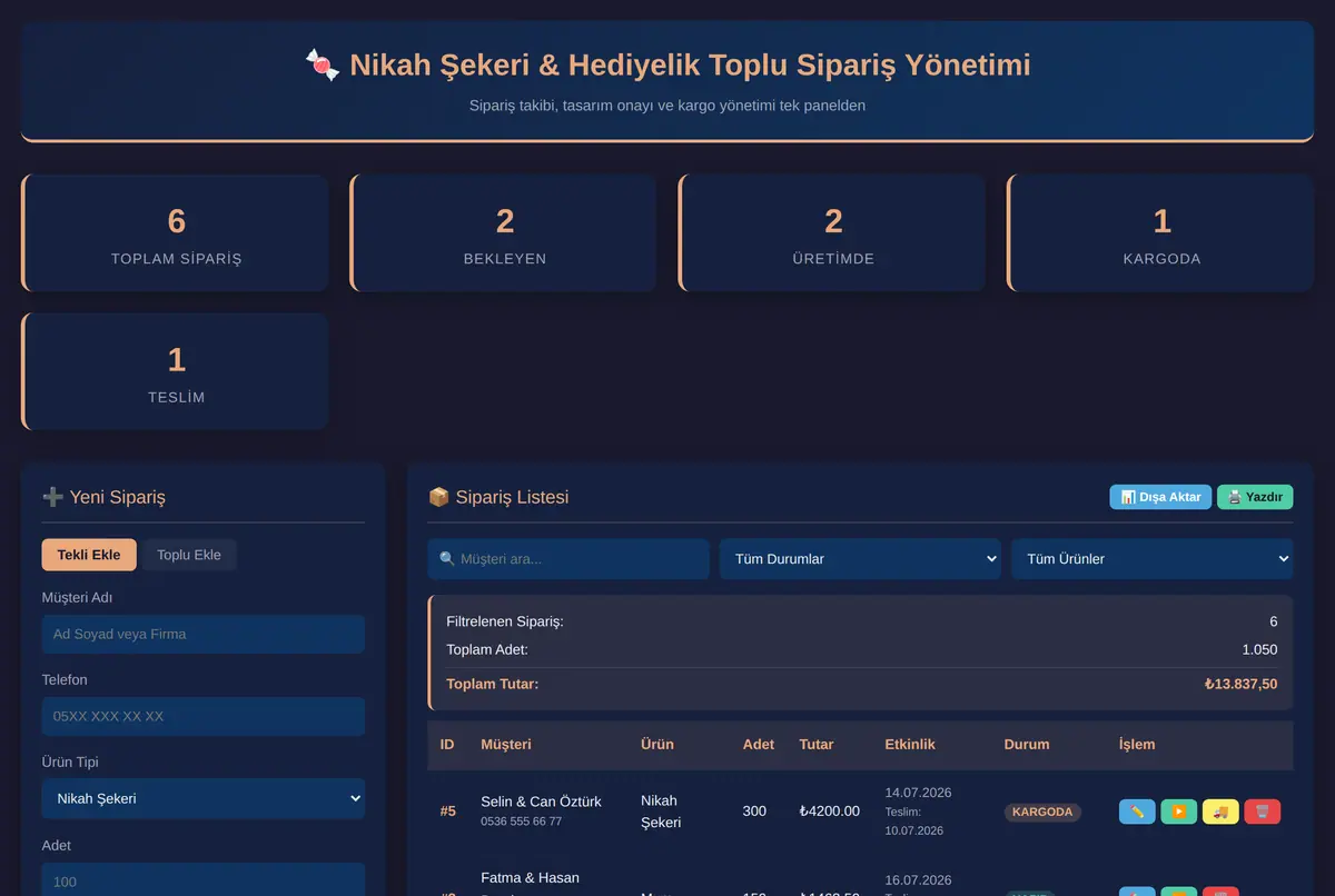 Nikah Şekeri & Hediyelik Toplu Sipariş Yönetimi ekran görüntüsü 2