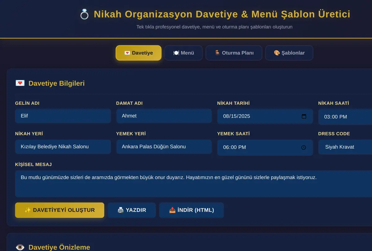 Nikah Organizasyon Davetiye & Menü Şablon Üretici ekran görüntüsü