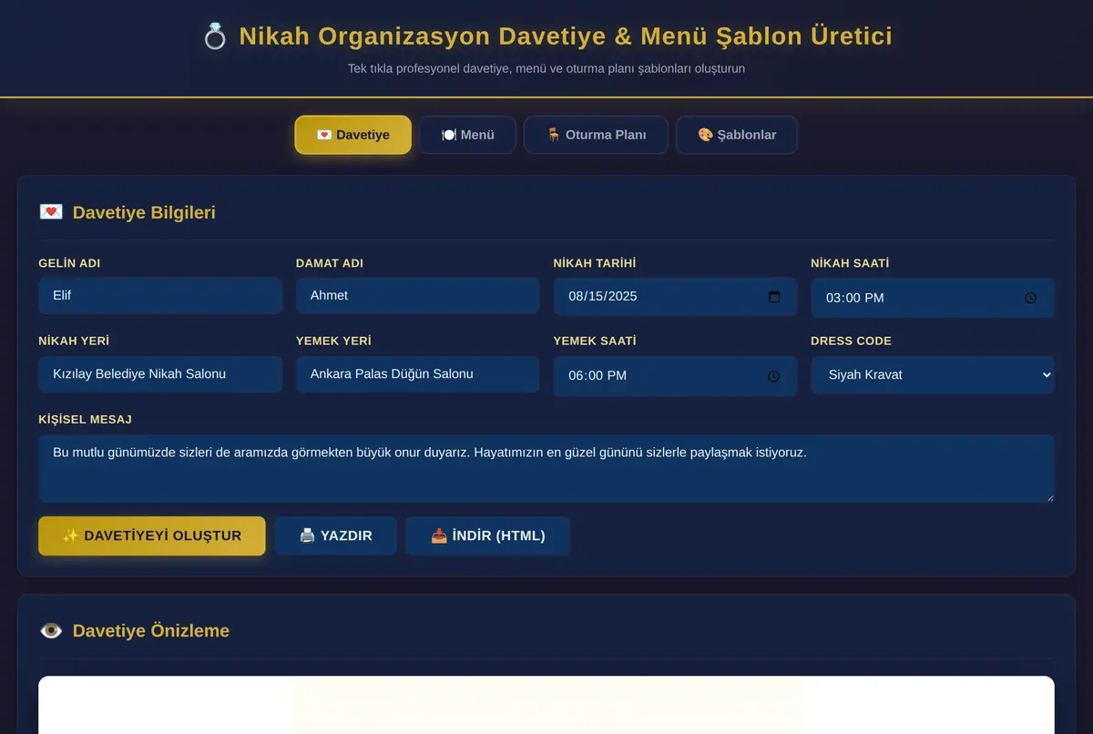 Nikah Organizasyon Davetiye & Menü Şablon Üretici ekran görüntüsü 2
