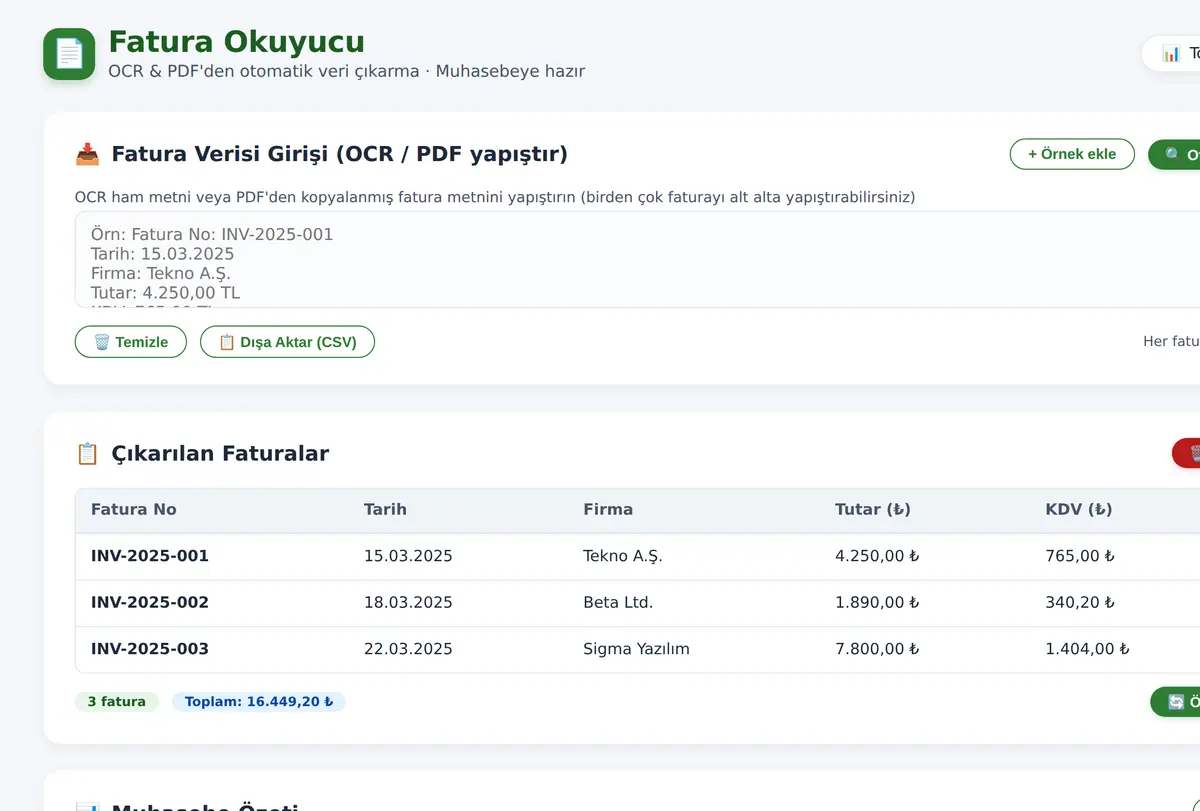 Fatura Okuyucu: OCR ile PDF'den Veri Çıkarma Aracı ekran görüntüsü