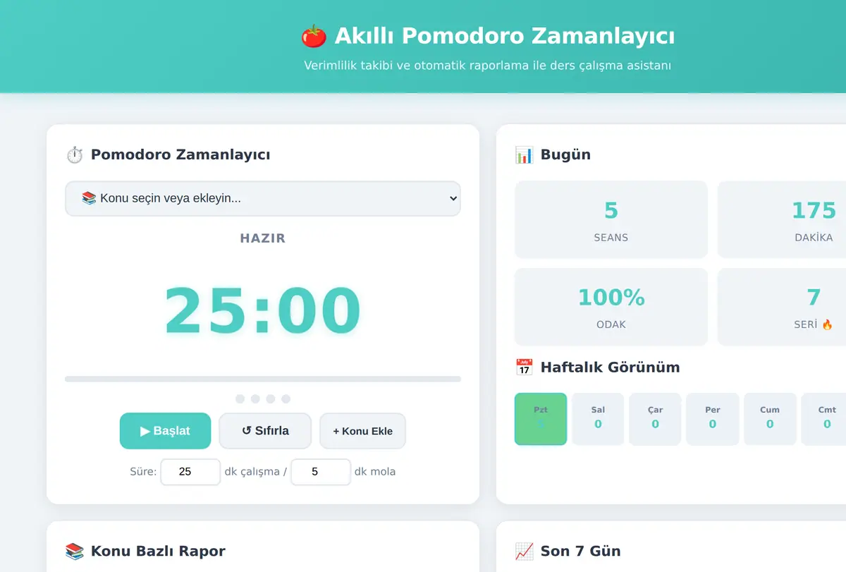 Akıllı Pomodoro Zamanlayıcı & Verimlilik Paneli ekran görüntüsü