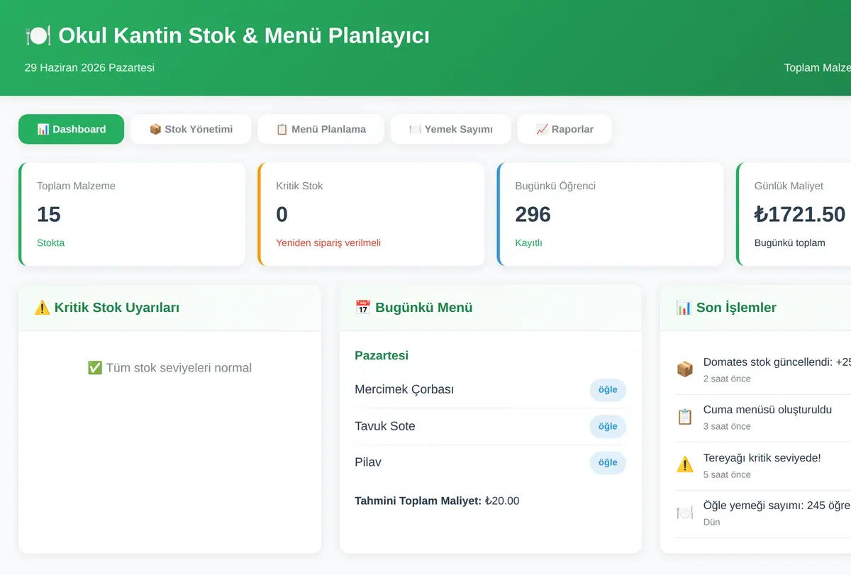 Okul Kantin Stok & Menü Planlayıcı ekran görüntüsü