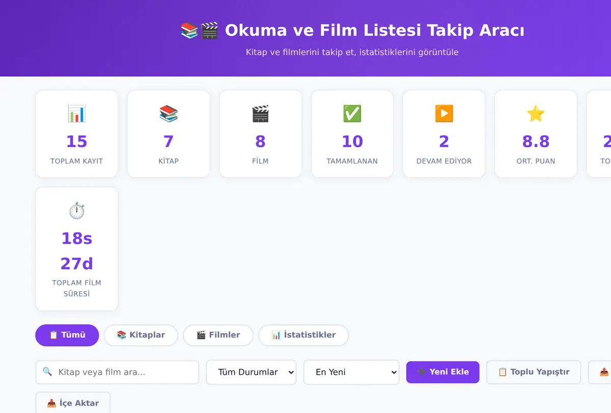 Okuma ve Film Listesi Takip Aracı ekran görüntüsü
