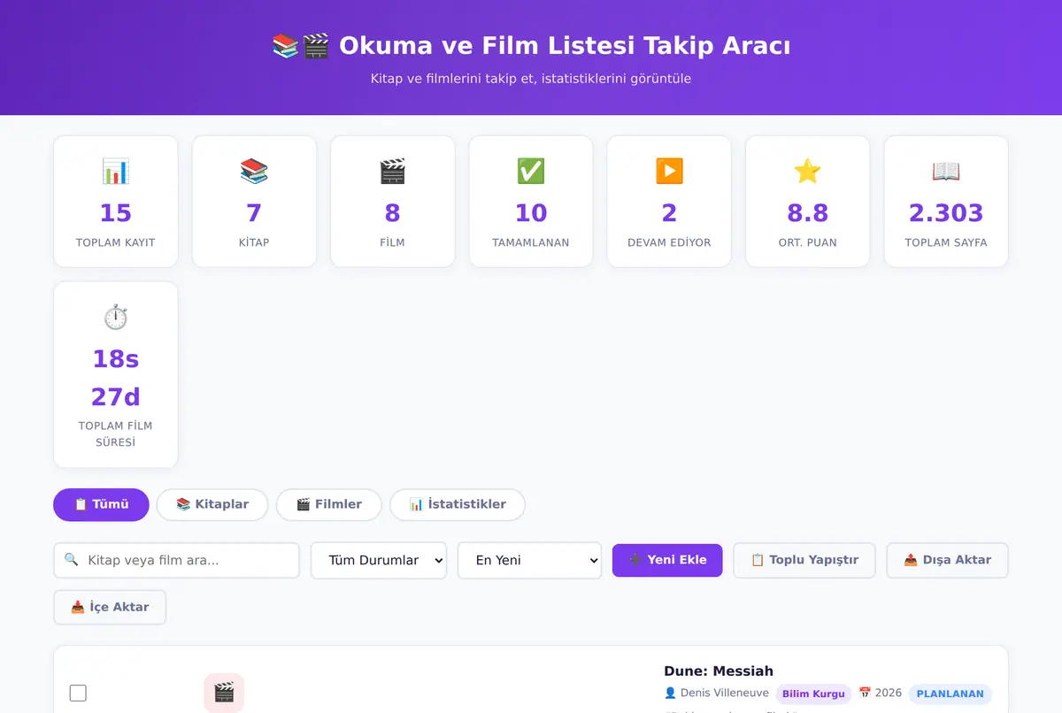 Okuma ve Film Listesi Takip Aracı ekran görüntüsü 2