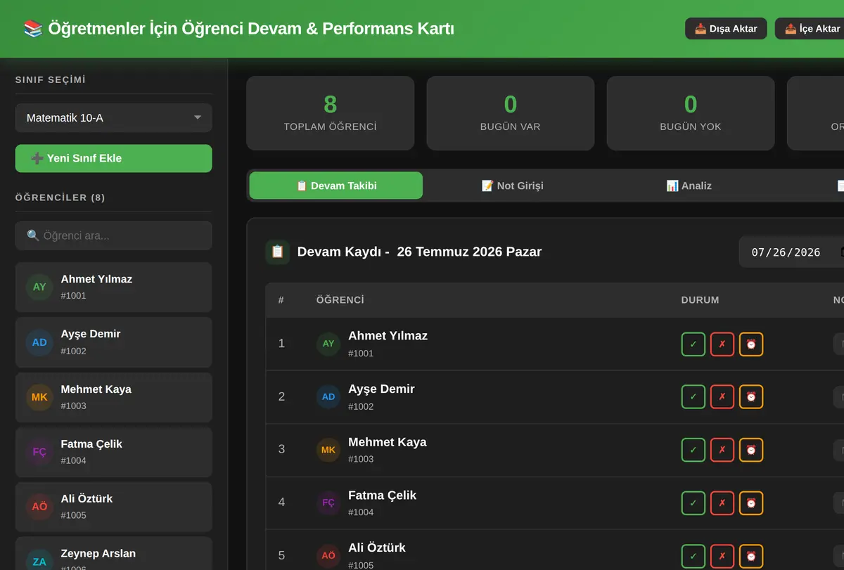 Öğretmenler İçin Öğrenci Devam & Performans Kartı ekran görüntüsü