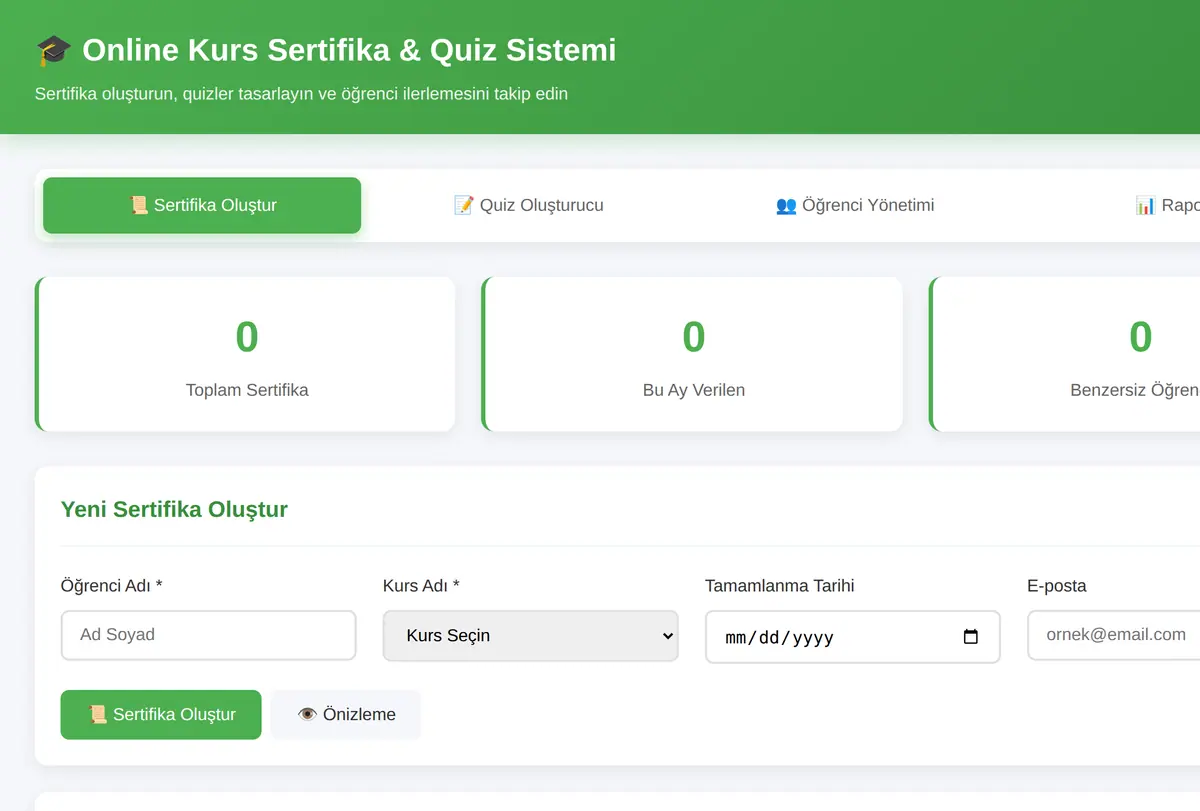 Online Kurs Sertifika & Quiz Sistemi ekran görüntüsü