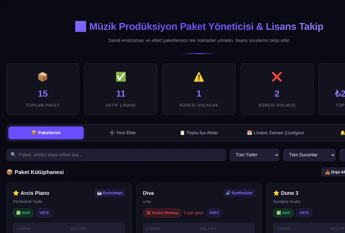 Müzik Prodüksiyon Paket Yöneticisi & Lisans Takip ekran görüntüsü