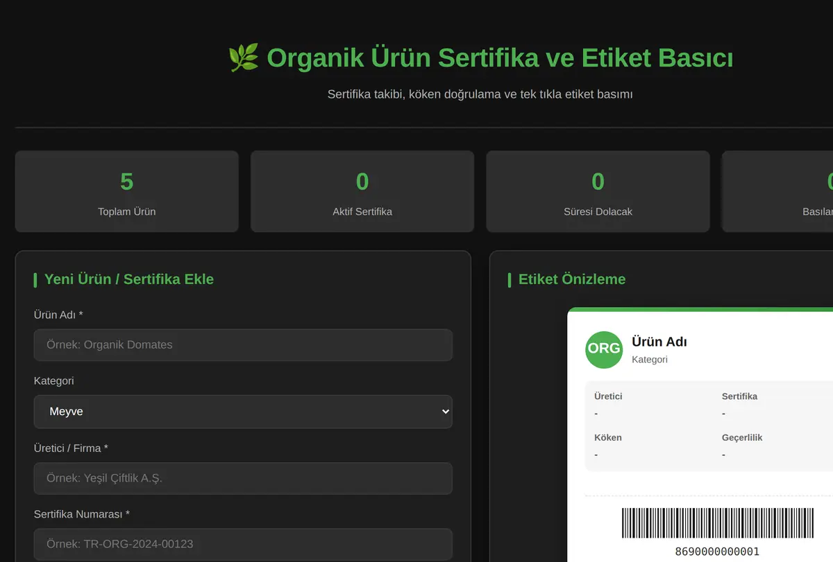 Organik Ürün Sertifika ve Etiket Basıcı ekran görüntüsü