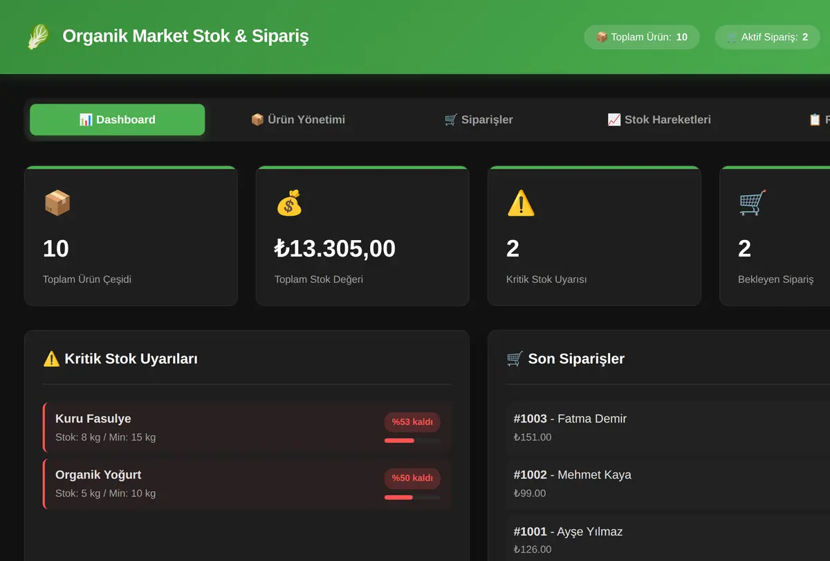 Organik Market Stok & Sipariş Yönetici ekran görüntüsü