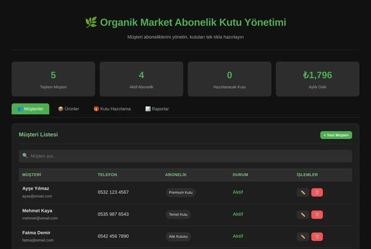 Organik Market Abonelik Kutu Yönetimi ekran görüntüsü 2