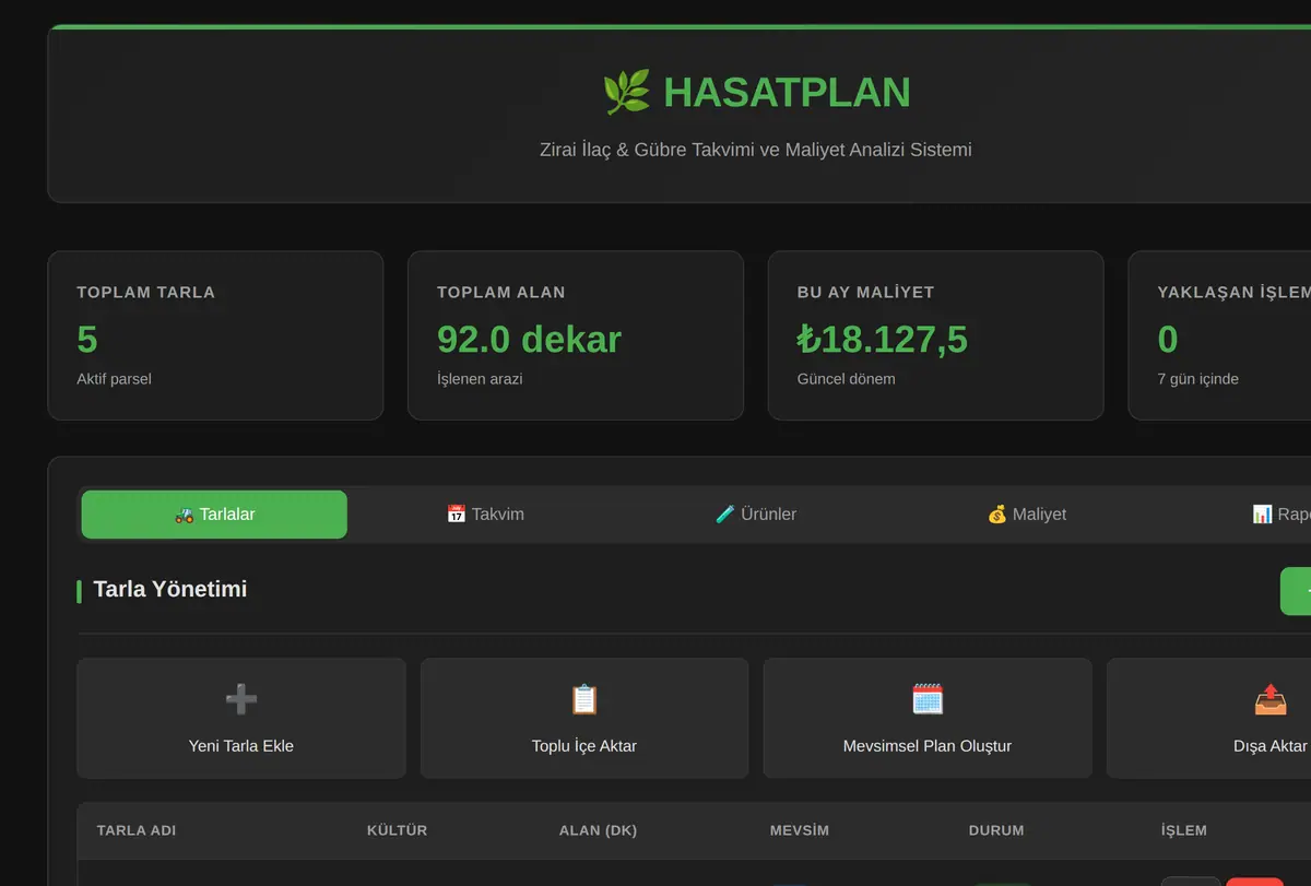HASATPLAN: Zirai İlaç/Gübre Takvimi ve Maliyet Analizi ekran görüntüsü