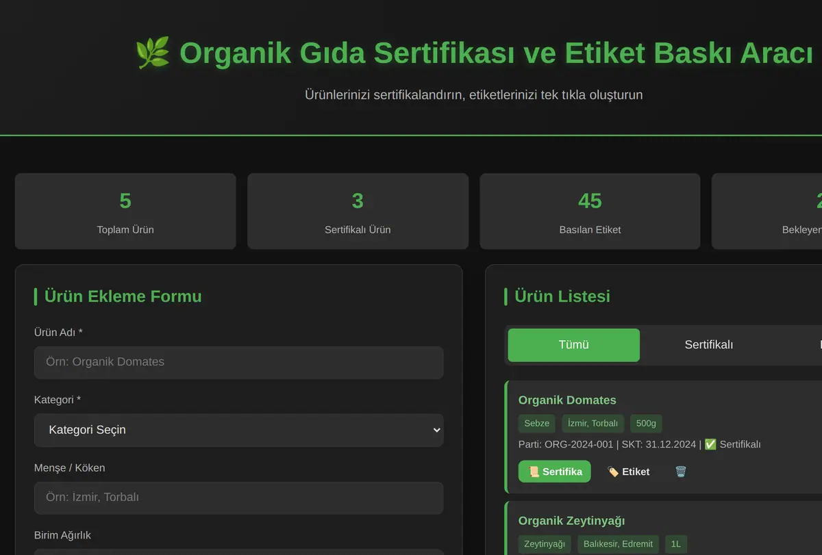 Organik Gıda Sertifikası ve Etiket Baskı Aracı ekran görüntüsü