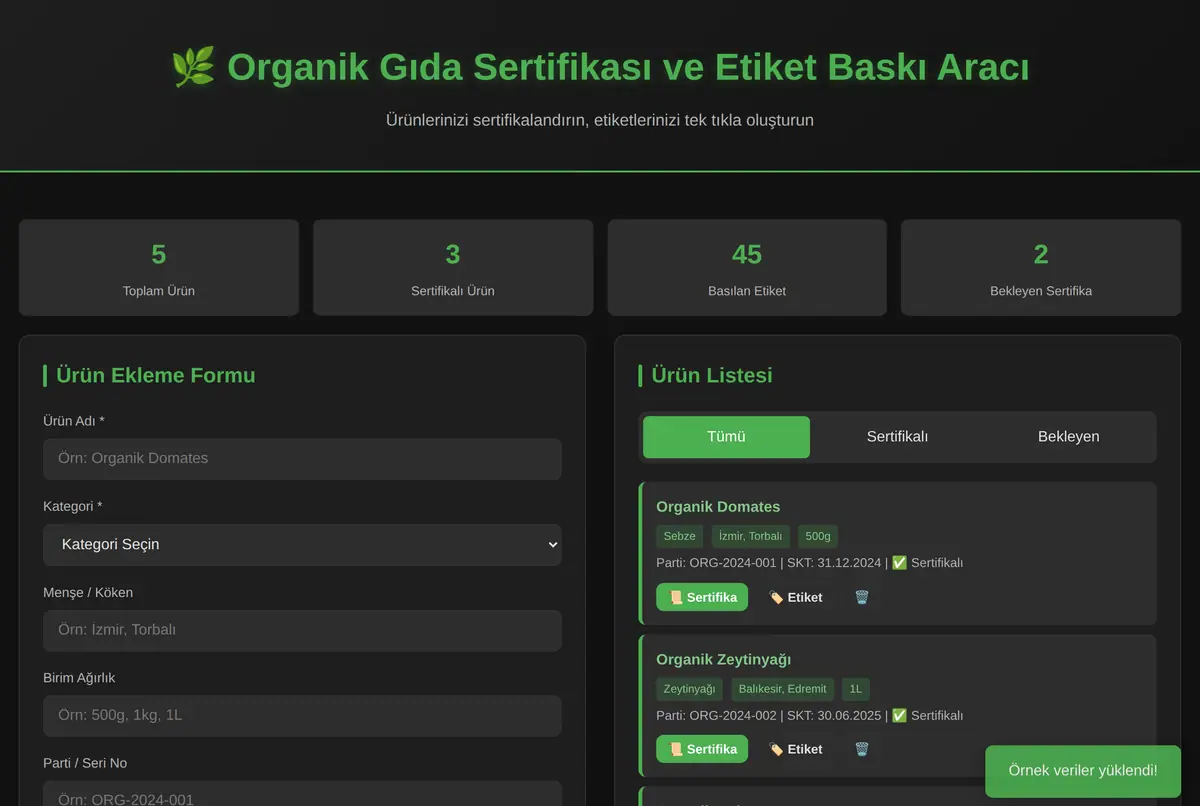 Organik Gıda Sertifikası ve Etiket Baskı Aracı ekran görüntüsü 2