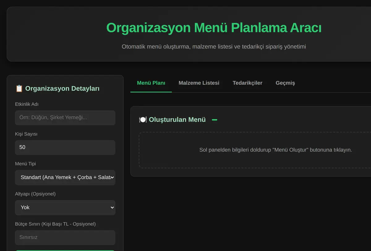 Organizasyon Menü Planlama Aracı ekran görüntüsü