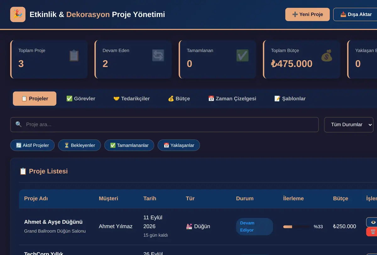 Etkinlik & Dekorasyon Proje Yönetimi Aracı ekran görüntüsü
