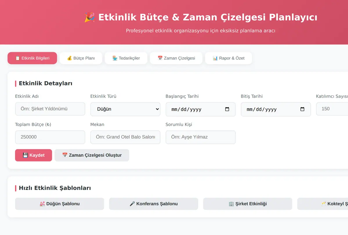Etkinlik Bütçe & Zaman Çizelgesi Planlayıcı ekran görüntüsü