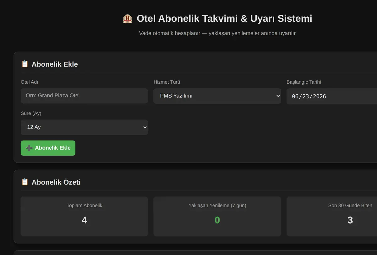 Otel Abonelik Takvimi & Uyarı Sistemi ekran görüntüsü