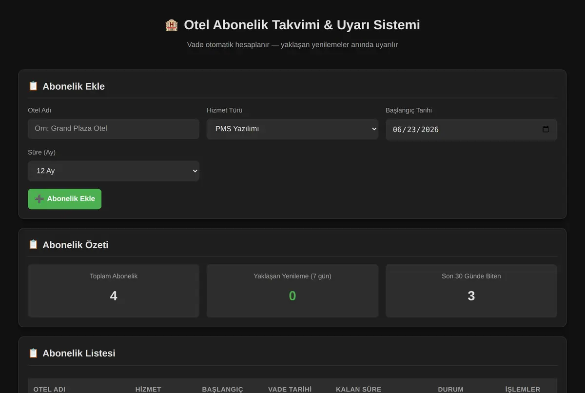 Otel Abonelik Takvimi & Uyarı Sistemi ekran görüntüsü 2