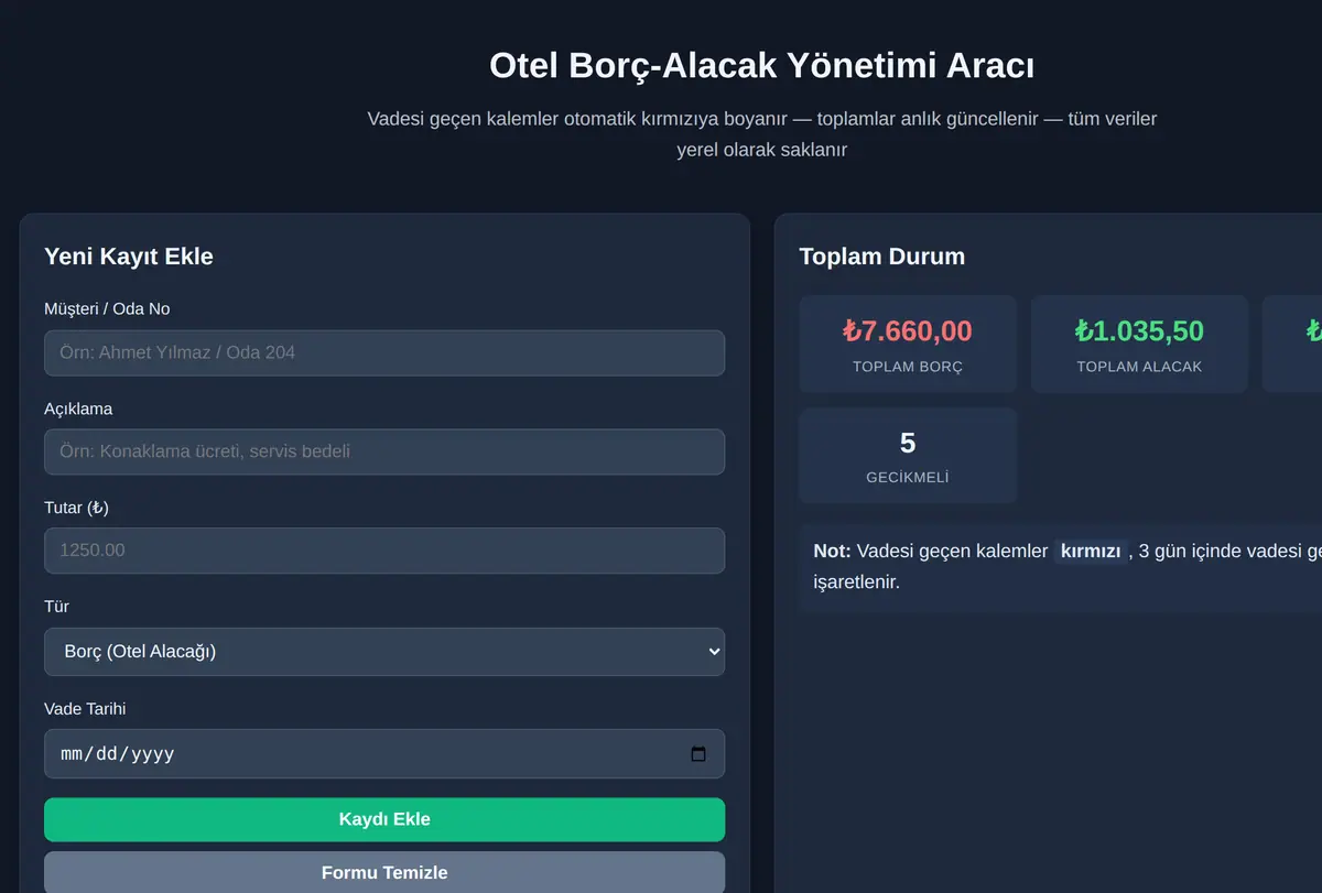 Otel Borç-Alacak Yönetimi Aracı ekran görüntüsü