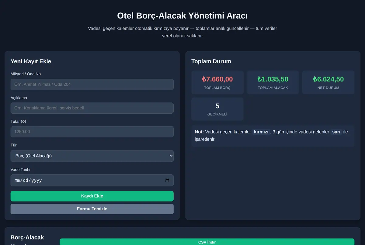 Otel Borç-Alacak Yönetimi Aracı ekran görüntüsü 2