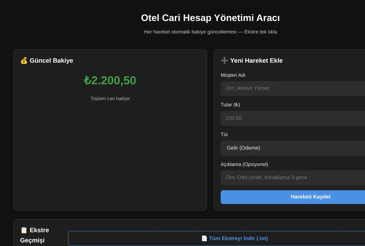 Otel Cari Hesap Yönetimi Aracı ekran görüntüsü