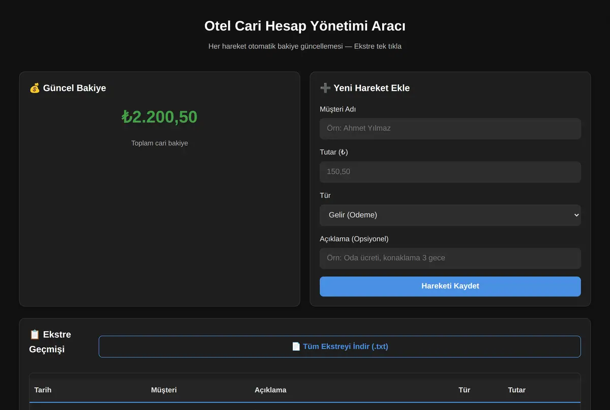Otel Cari Hesap Yönetimi Aracı ekran görüntüsü 2