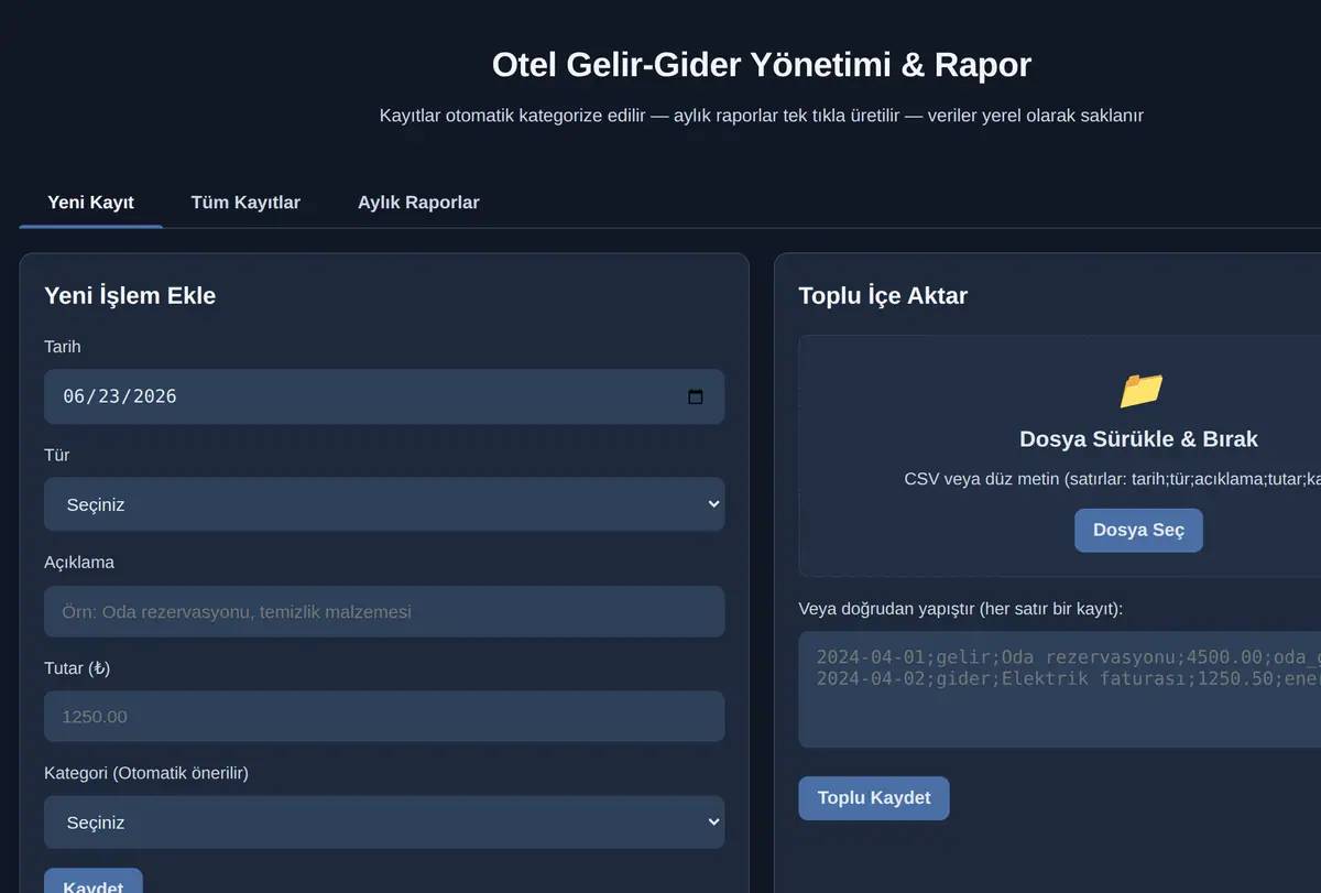 Otel Gelir-Gider Yönetimi & Rapor ekran görüntüsü