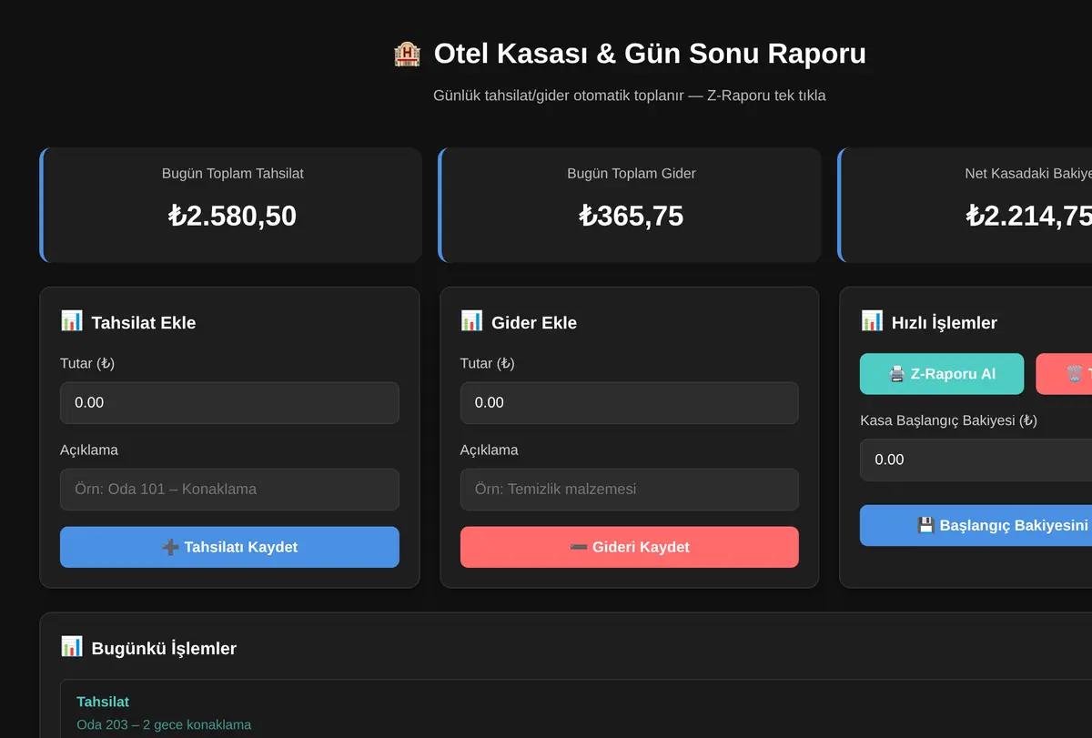 Otel Kasası & Gün Sonu Raporu ekran görüntüsü