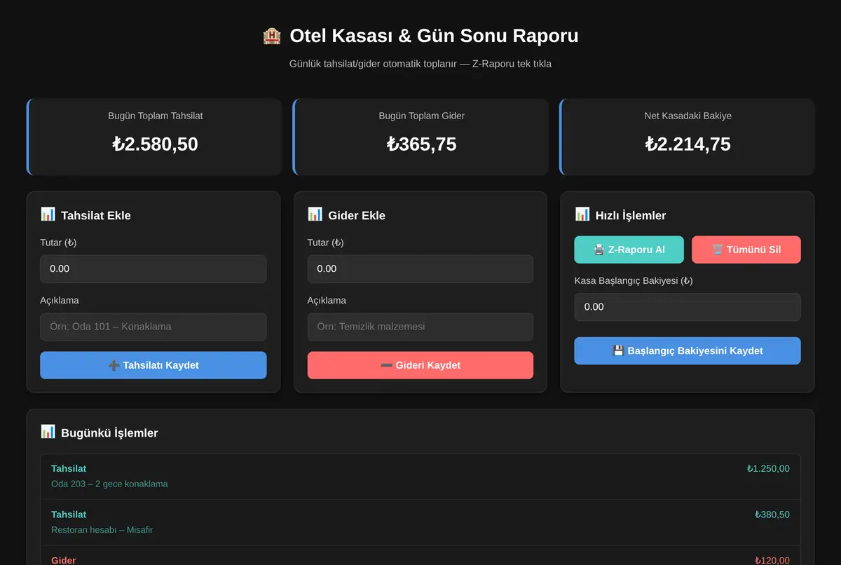 Otel Kasası & Gün Sonu Raporu ekran görüntüsü 2