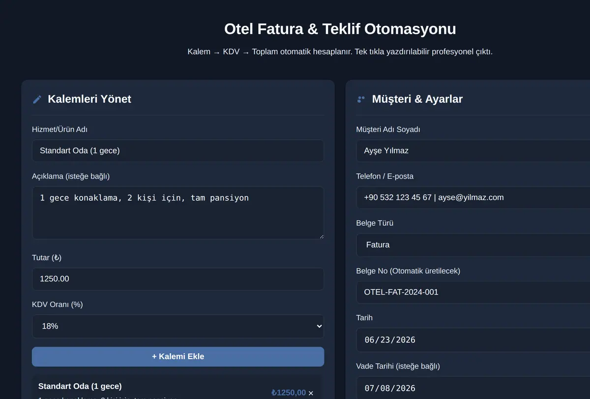 Otel Fatura & Teklif Otomasyonu ekran görüntüsü
