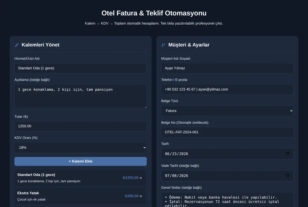 Otel Fatura & Teklif Otomasyonu ekran görüntüsü 2