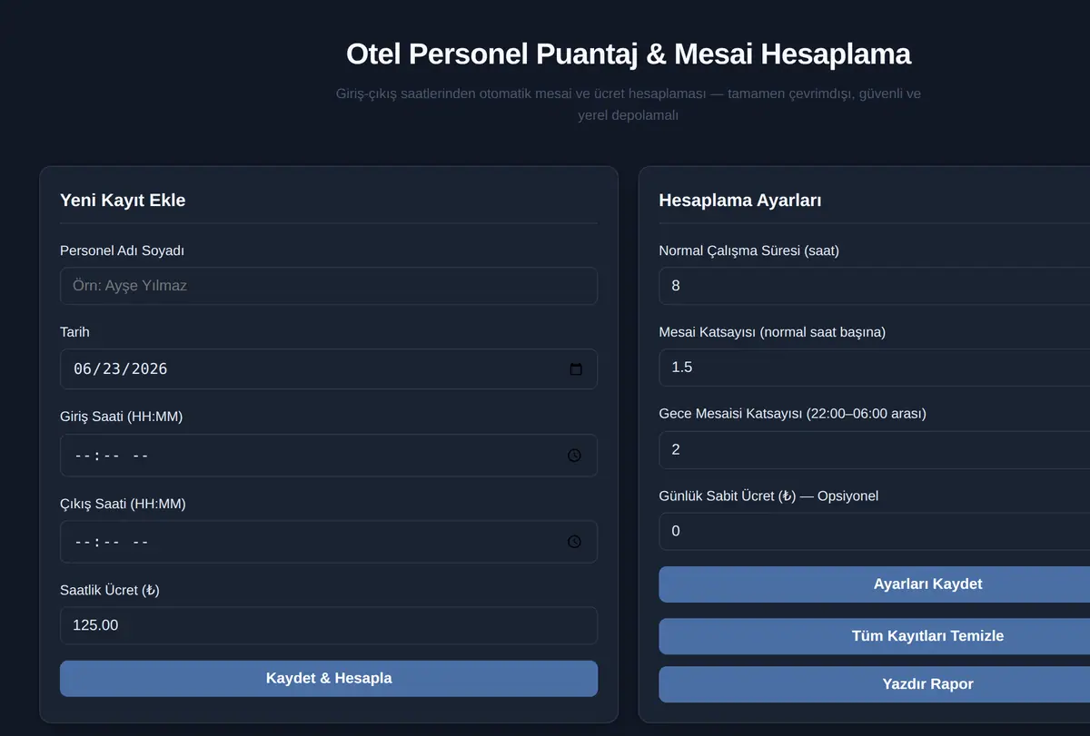 Otel Personel Puantaj & Mesai Hesaplama ekran görüntüsü