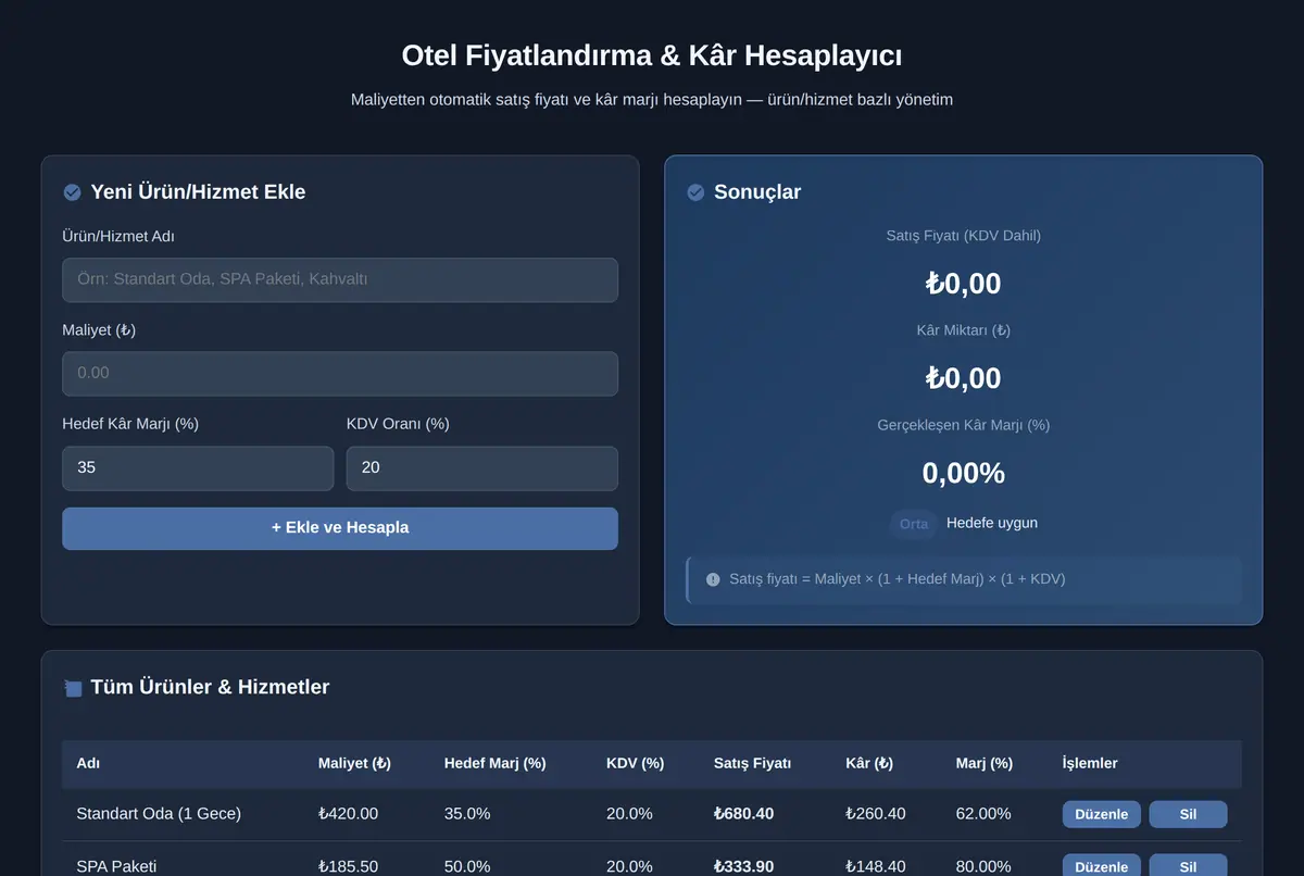 Otel Fiyatlandırma & Kâr Hesaplayıcı ekran görüntüsü 2