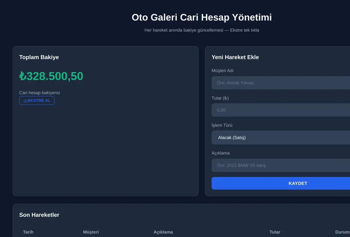 Oto Galeri Cari Hesap Yönetimi ekran görüntüsü