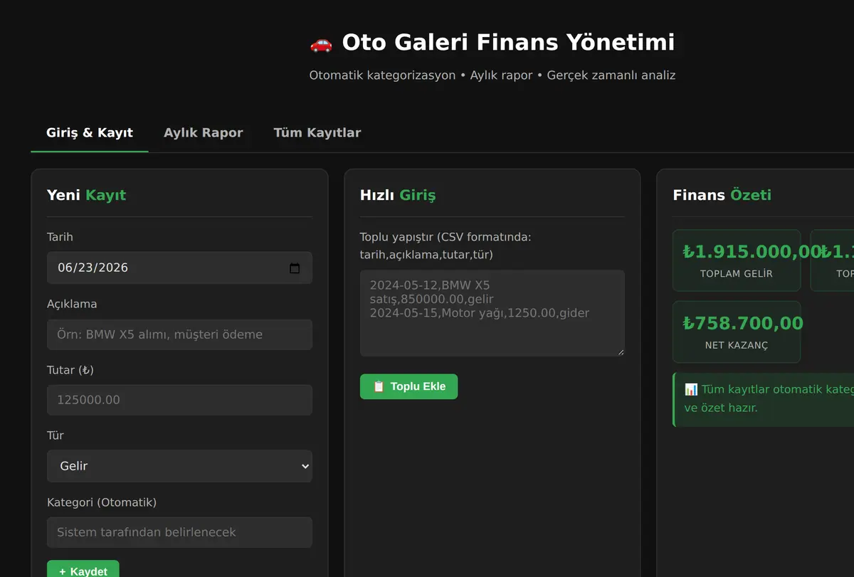 Oto Galeri Finans Yönetimi ekran görüntüsü