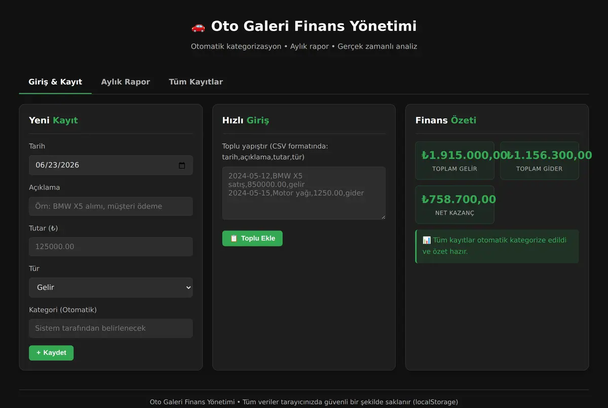 Oto Galeri Finans Yönetimi ekran görüntüsü 2