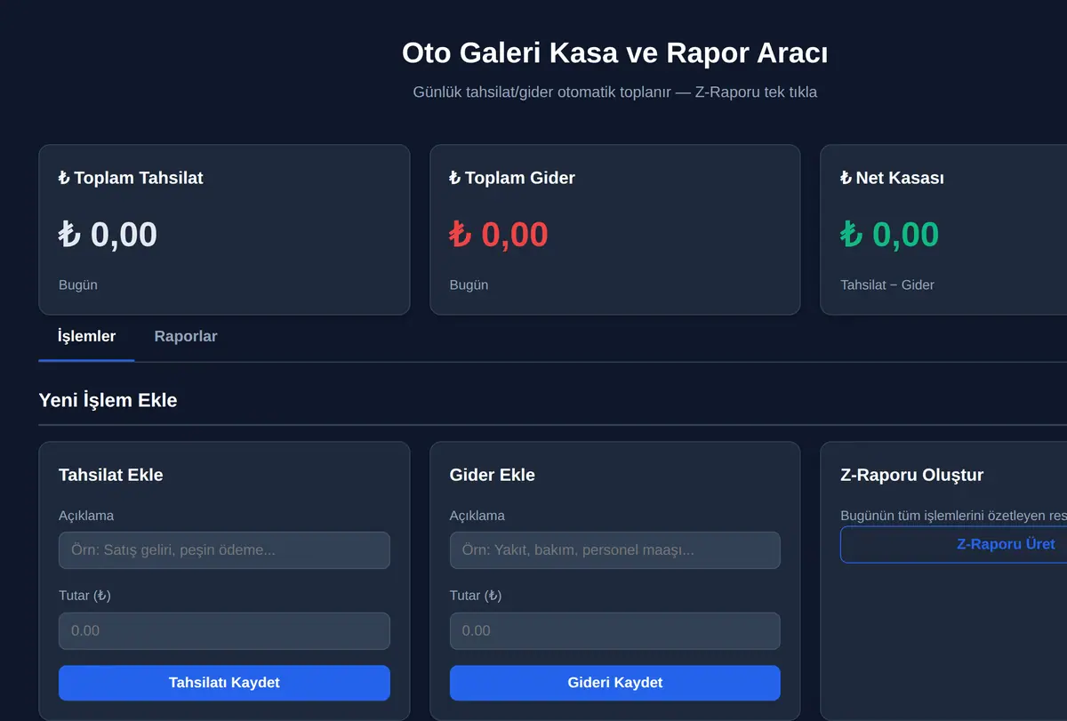 Oto Galeri Kasa ve Rapor Aracı ekran görüntüsü