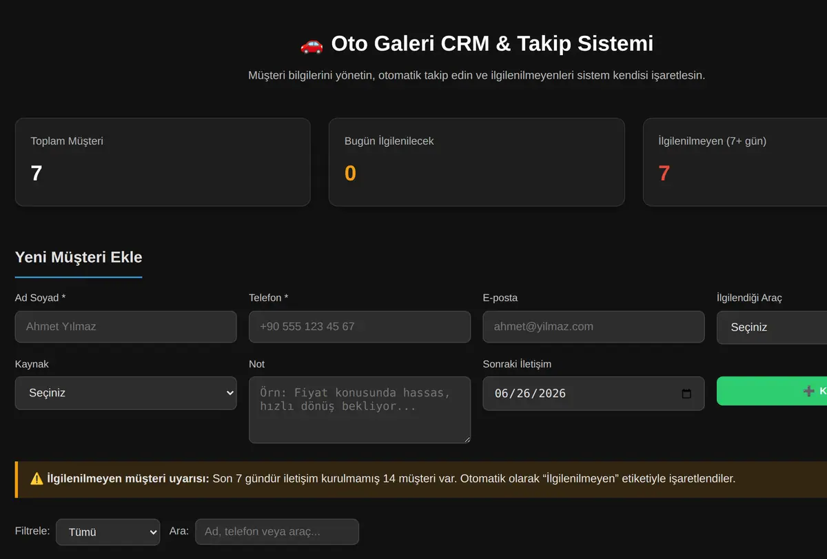 Oto Galeri CRM & Takip Sistemi ekran görüntüsü