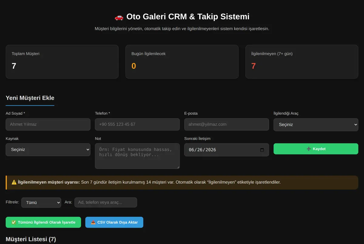 Oto Galeri CRM & Takip Sistemi ekran görüntüsü 2