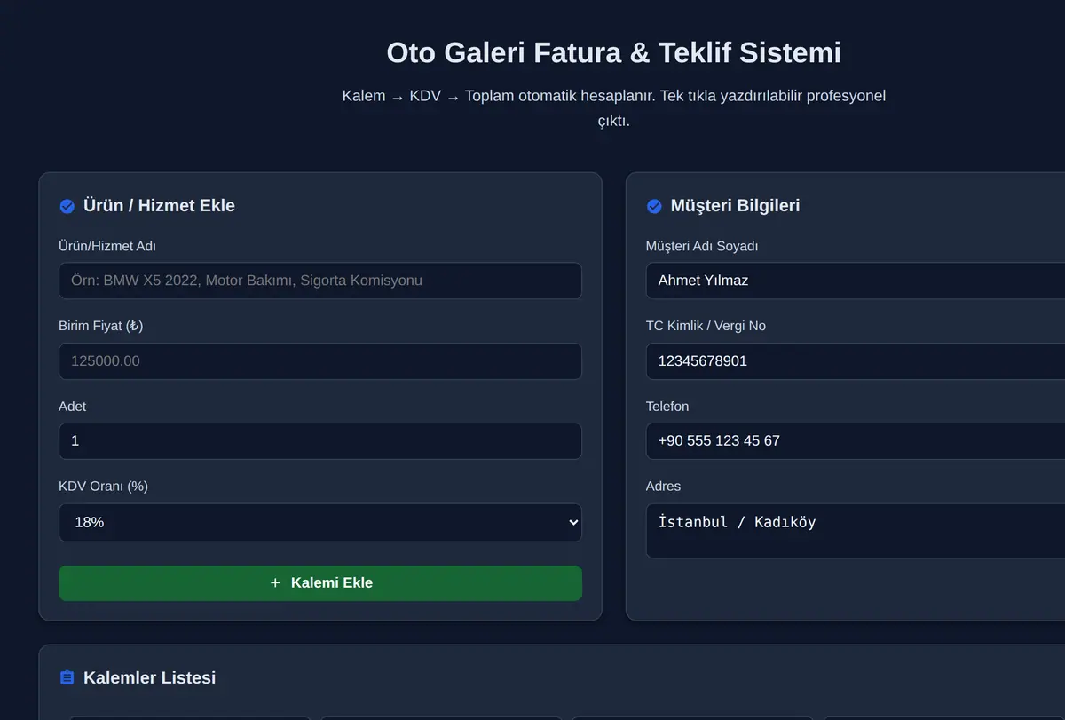 Oto Galeri Fatura & Teklif Sistemi ekran görüntüsü