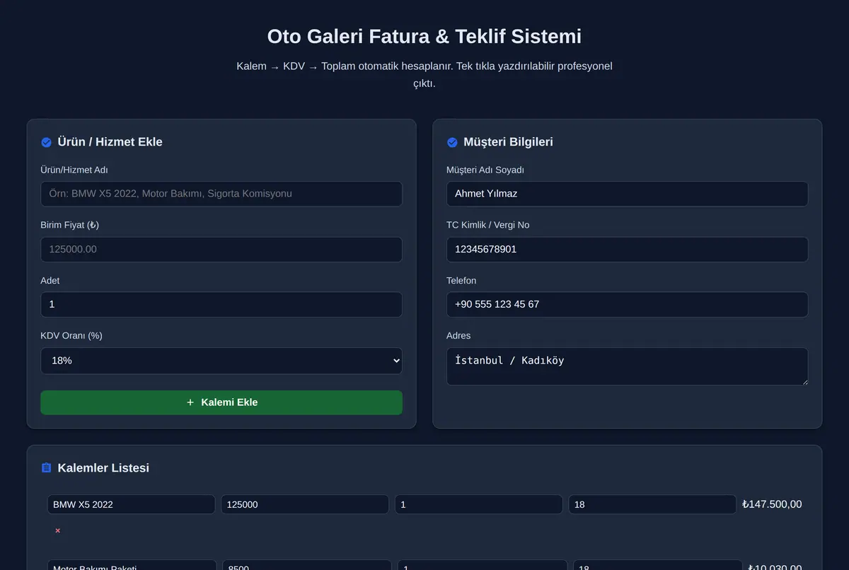 Oto Galeri Fatura & Teklif Sistemi ekran görüntüsü 2